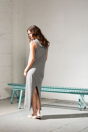 Grey long dress which can be worn in multiple ways, in organic cotton.