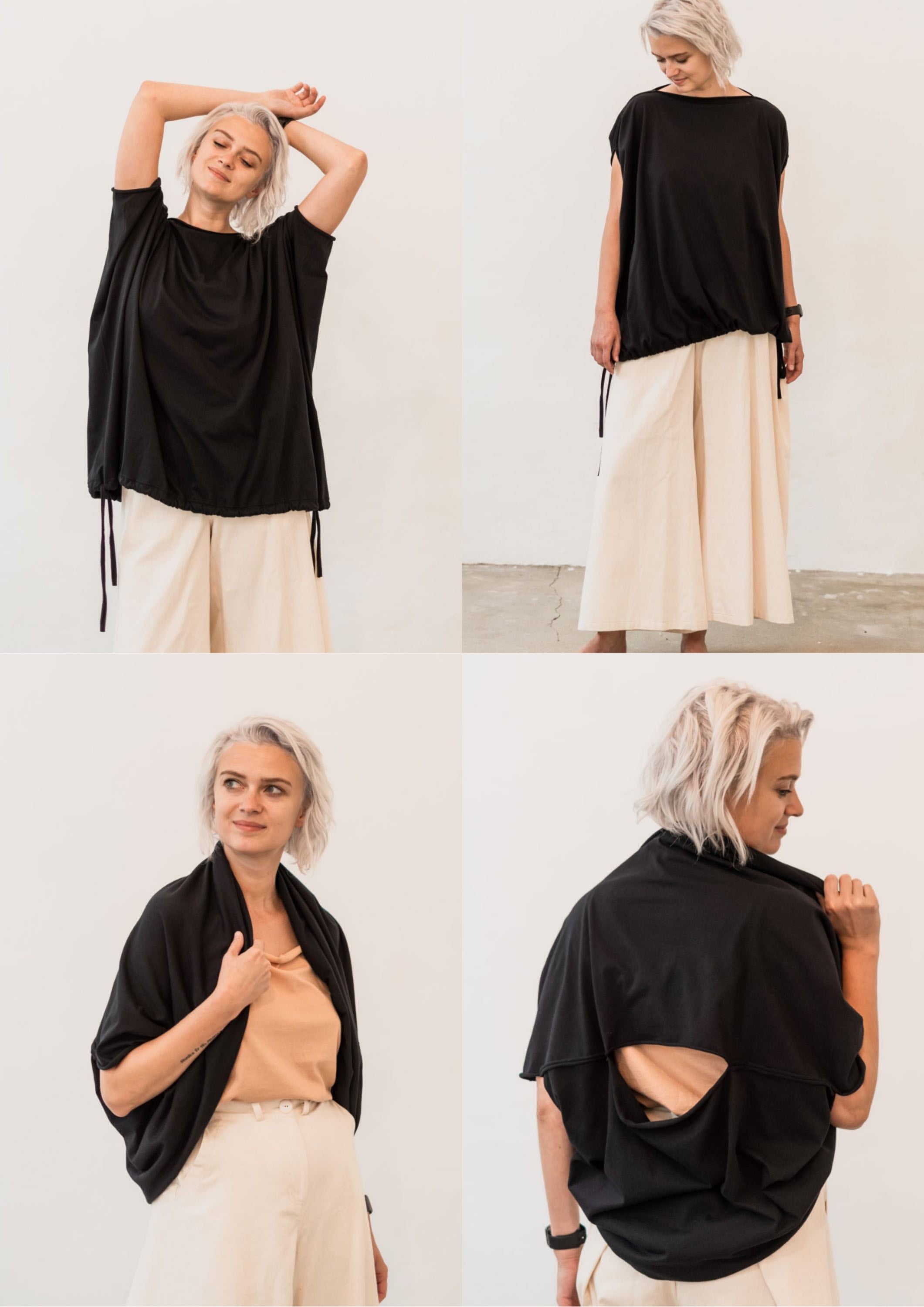 Multifunctional black fluid jersey, made from 100% organic cotton. Can be worn as a blouse, vest or poncho. With two sided adjustable drawn strings. 