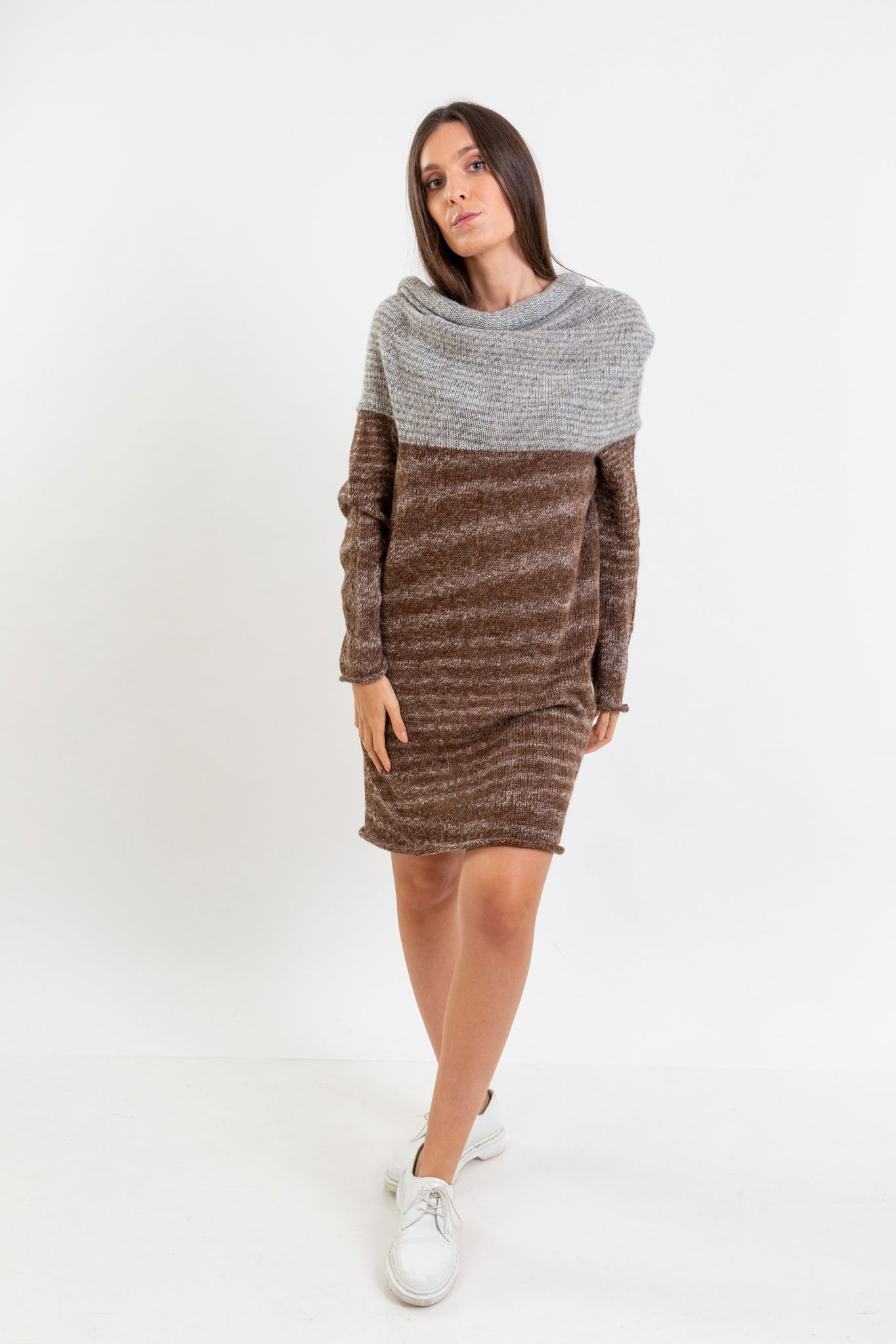 Multifunctional alpaca wool dress in Mixbrown & Mixgrey, which also can be a top or hoody.