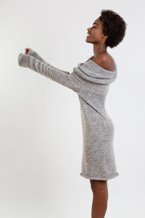 Multifunctional alpaca wool dress in Mixgrey, which also can be a top or hoody.