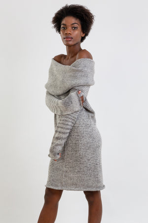 Multifunctional alpaca wool dress in Mixgrey, which also can be a top or hoody.