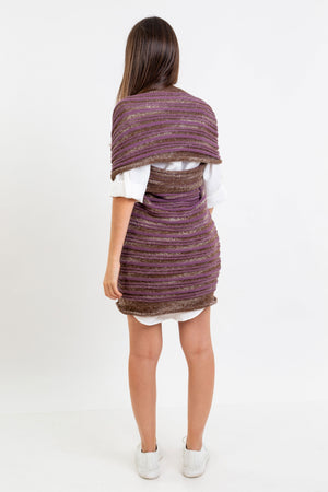 Multifunctional wool top in purple and brown which can be worn as a scarf or hoody top.