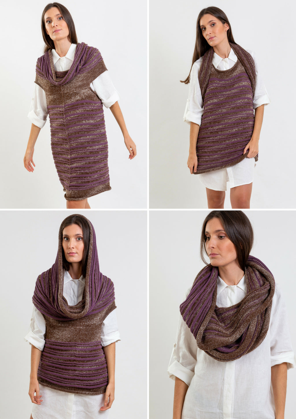 Multifunctional wool top in purple and brown which can be worn as a scarf or hoody top.