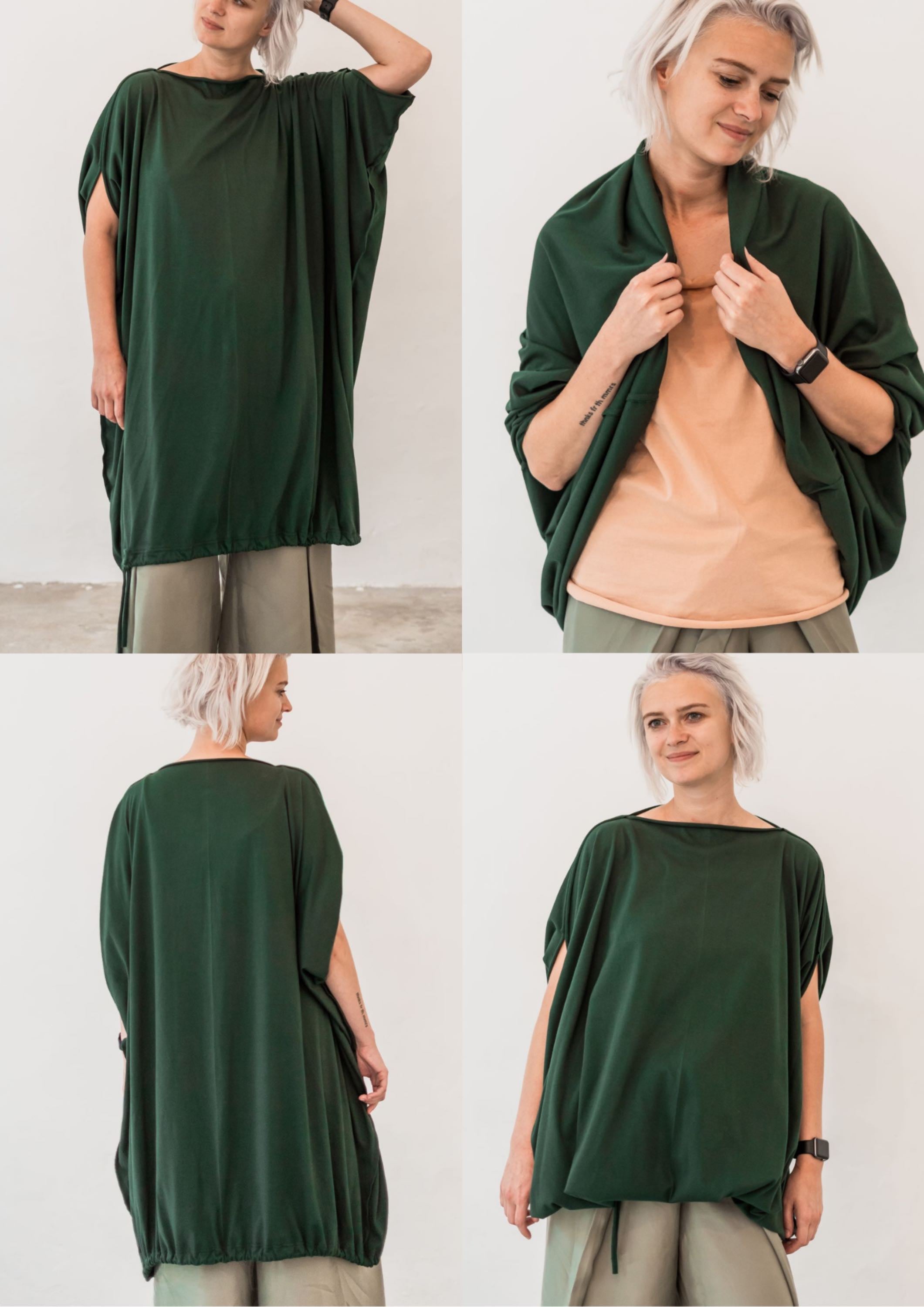Montage of four pictures showing the multi-functionality of QUINZE Wide Dress. Left top picture is the front of QUINZE Wide Dress. Right top picture is of QUINZE Wide Dress as a poncho. Left bottom picture is of QUINZE Wide Dress seen from the back. Right bottom picture is of QUINZE Wide Dress as a blouse.