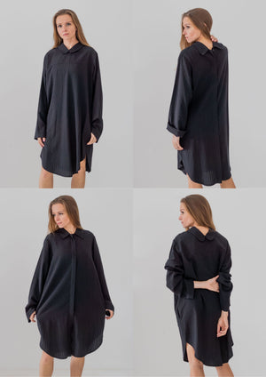 Montage of four pictures of the reversible shirt dress. In texture black.