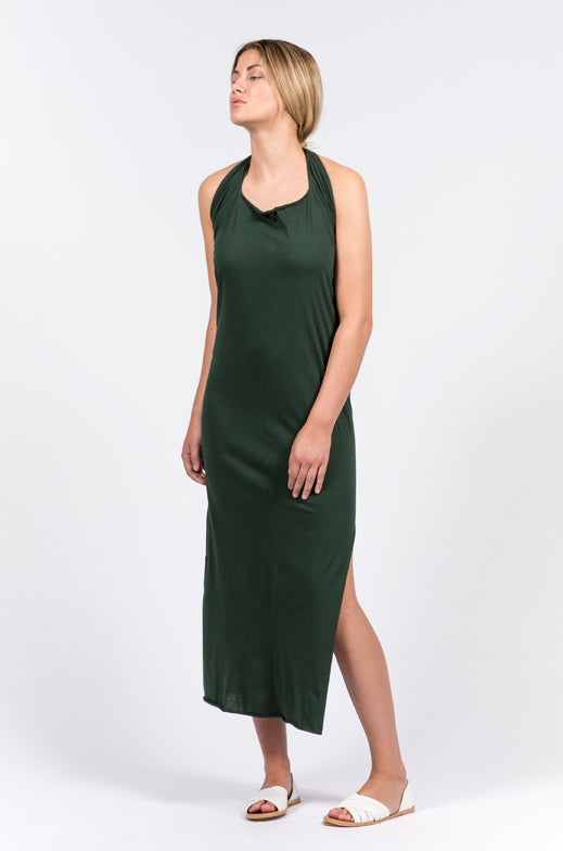 Deep green long dress which can be worn in multiple ways, in organic cotton.