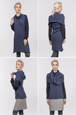 blue wool dress which can also be worn as a top, scarf or hoody.