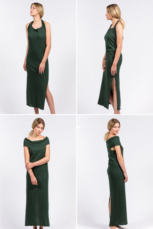 deep green long dress which can be worn in multiple ways, in organic cotton.