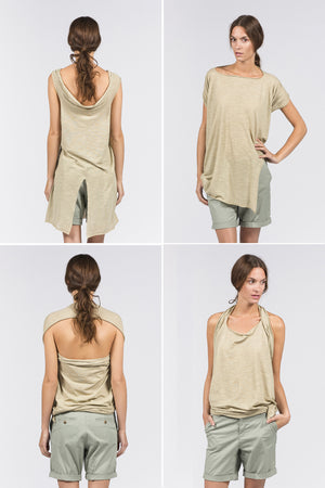 Multifunctional khaki dress which can be worn as a crop top, t-shirt with scarf or neckholder. 